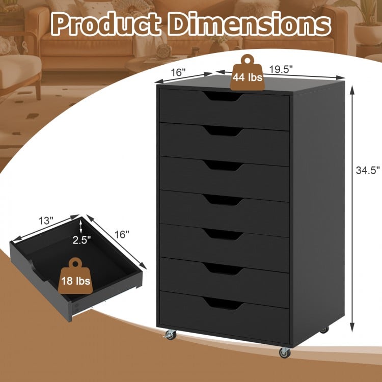 7-drawer black wooden storage dresser with lockable wheels, dimensions 34.5" high, ideal for office or bedroom.
