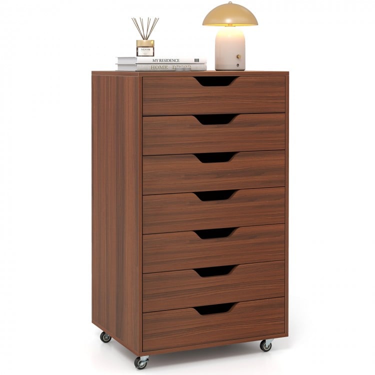 7-drawer wooden storage dresser in walnut finish with lockable wheels, ideal for office or bedroom organization.
