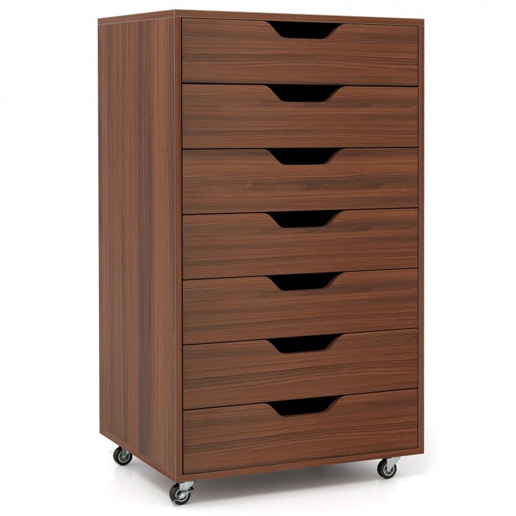 Walnut 7-drawer storage dresser with lockable wheels, featuring cut-out handles for easy access in office or bedroom.