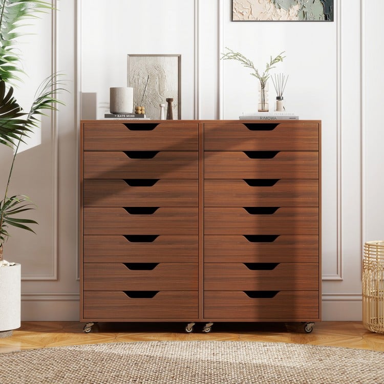 Walnut 7-drawer chest with lockable wheels, featuring a wide top for additional display space, perfect for any room.