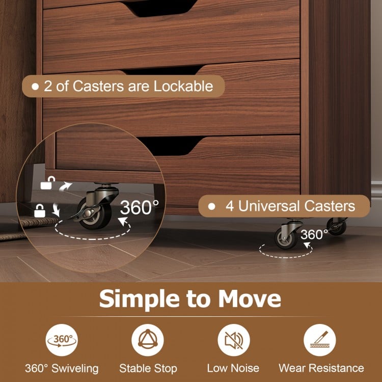 7-drawer wooden storage dresser in walnut with lockable wheels, featuring smooth metal guide rails for easy access.