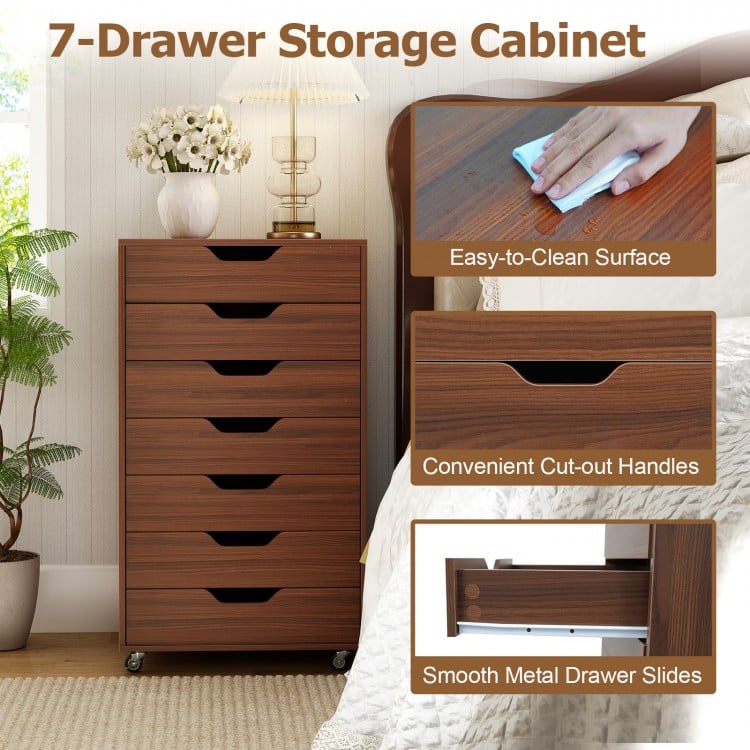 7-drawer wooden storage dresser in walnut finish with cut-out handles and lockable wheels, ideal for bedroom or office.