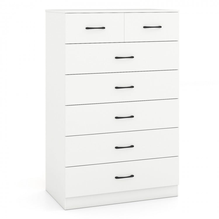 7-drawer tall dresser in white showcasing smooth drawer slides and a charming wood grain finish for modern elegance.