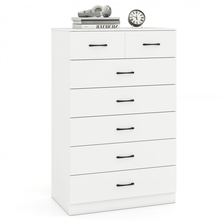 7-drawer tall dresser in white featuring a robust wooden frame and waterproof surface for easy cleaning and durability.
