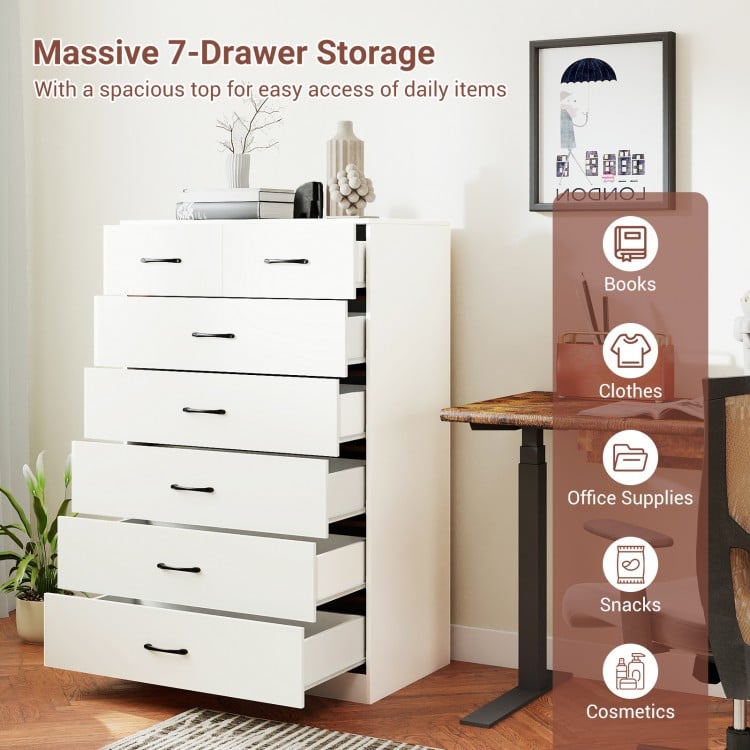 7-drawer tall dresser in white with metal handles, offering massive storage for clothes and office supplies in any room.