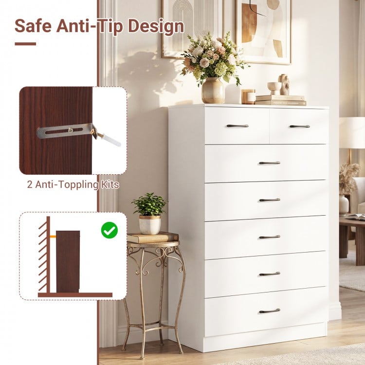 7-drawer tall dresser in white with metal handles and anti-tipping kits, ideal for organized storage in any room.