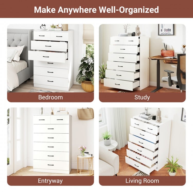7-drawer tall dresser in white with metal handles, perfect for organizing bedroom, study, entryway, or living room.