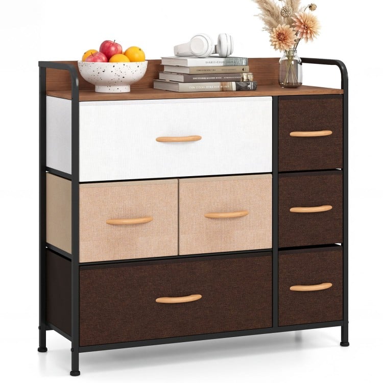 7-drawer tower dresser with a steel frame and wooden top, featuring fabric drawers for versatile storage in any room.