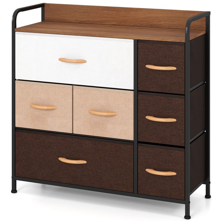 7-drawer tower dresser with steel frame and wooden top, featuring fabric drawers and modern design for versatile.