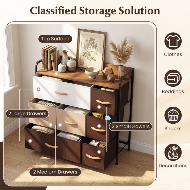 7-drawer tower dresser with steel frame and wooden top, featuring various drawer sizes for organized storage in any.