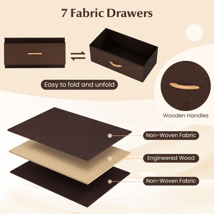 7 fabric drawers with wooden handles in a compact dresser, featuring a sturdy steel frame for versatile storage.