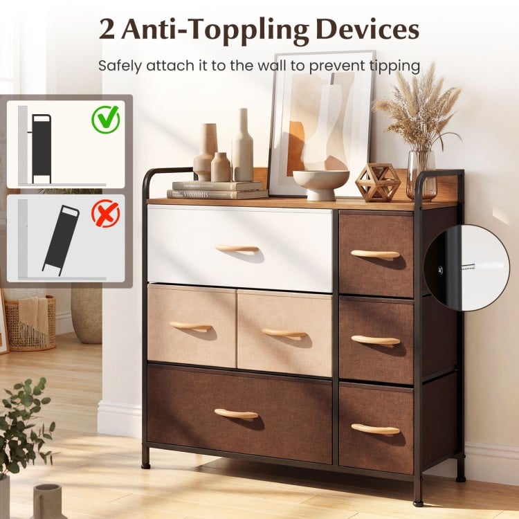 7-drawer tower dresser with steel frame and wooden top, featuring anti-toppling devices for safety in any room.
