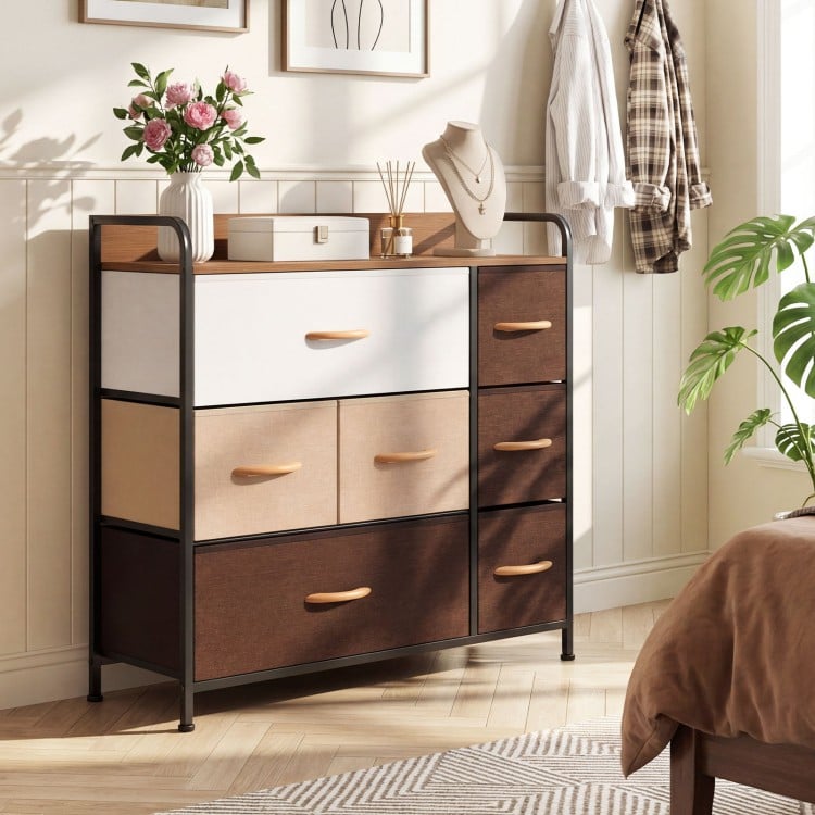 7-drawer tower dresser with a steel frame and wooden top, featuring fabric drawers, ideal for bedroom storage.