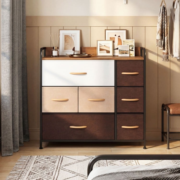 7-drawer tower dresser with steel frame and wooden top, featuring fabric drawers and modern design for bedroom storage.