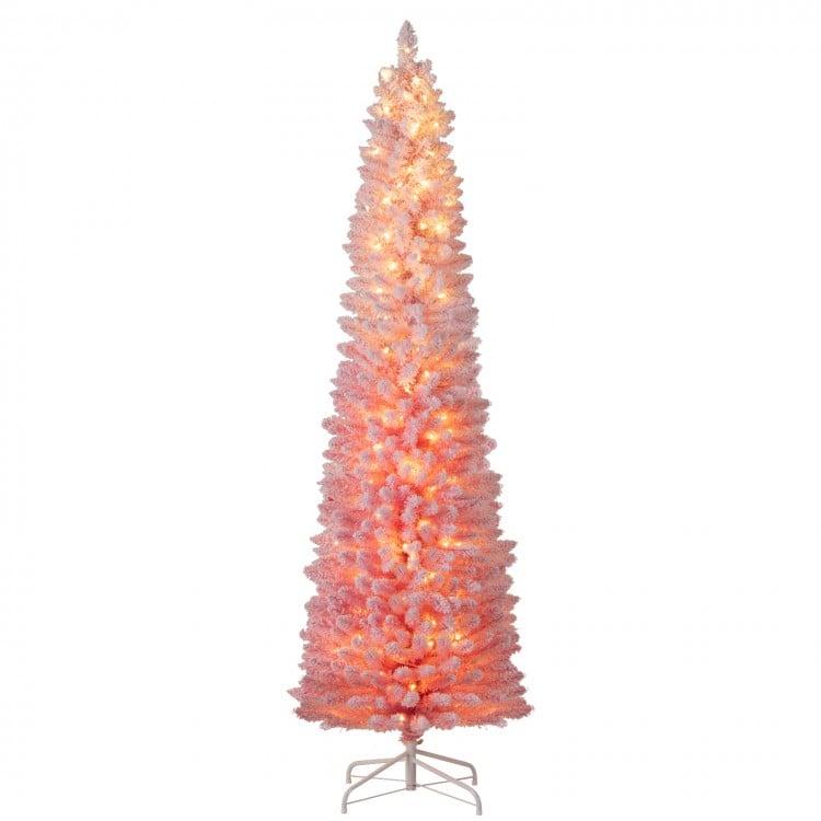 7 ft pink snow-flocked artificial Christmas tree with 180 warm white LED lights, perfect for holiday decoration.