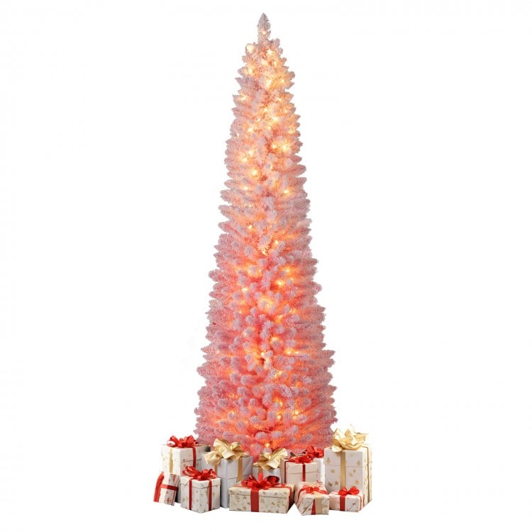 Snow-flocked pink Christmas tree with 140 warm white LED lights, perfect for holiday decoration with gifts underneath.