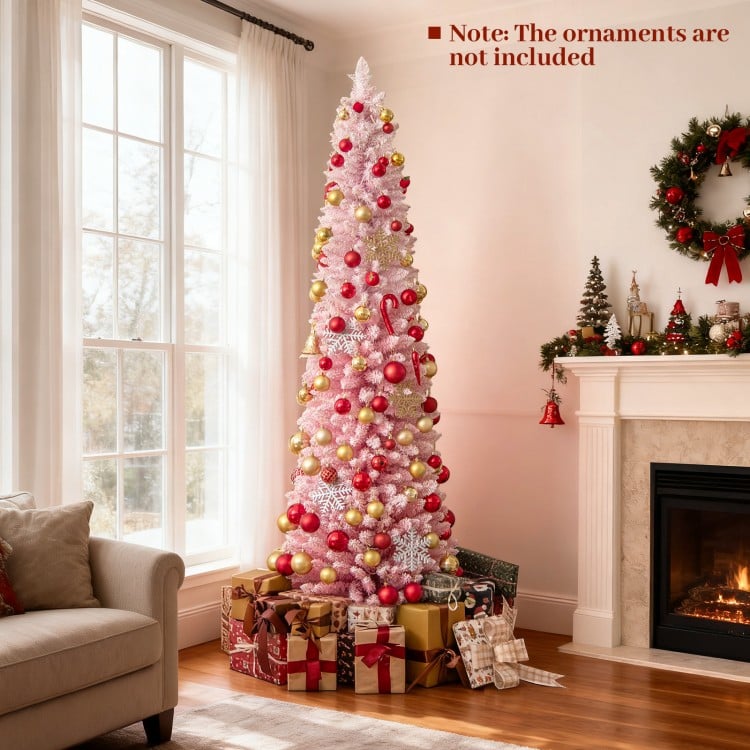 Hinged 7 FT snow-flocked pink Christmas tree with 392 branch tips, ideal for creating a festive atmosphere in any.