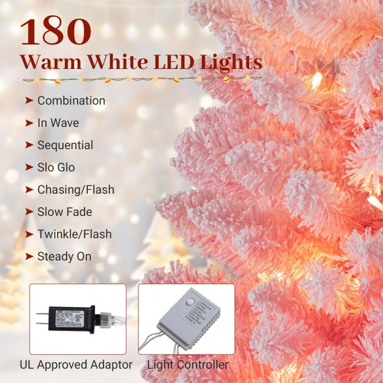 Snow-flocked pink Christmas tree with 180 warm white LED lights and 8 lighting modes for festive holiday decoration.