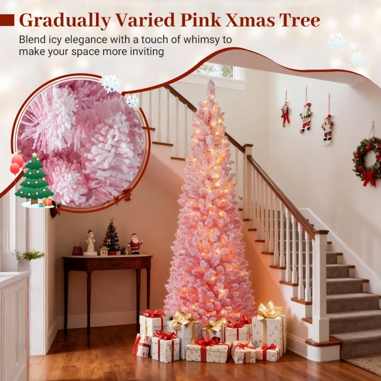 7 ft pink Christmas tree with snow-flocked branches and warm white LED lights, perfect for holiday decoration.