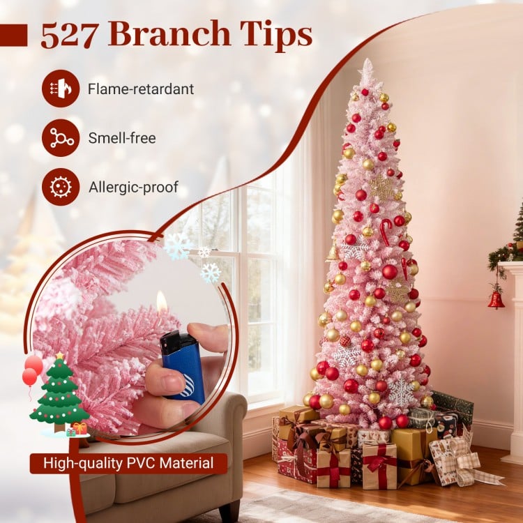 Snow-flocked 7 FT pink Christmas tree with 527 branch tips and 180 warm white LED lights for festive holiday decoration.