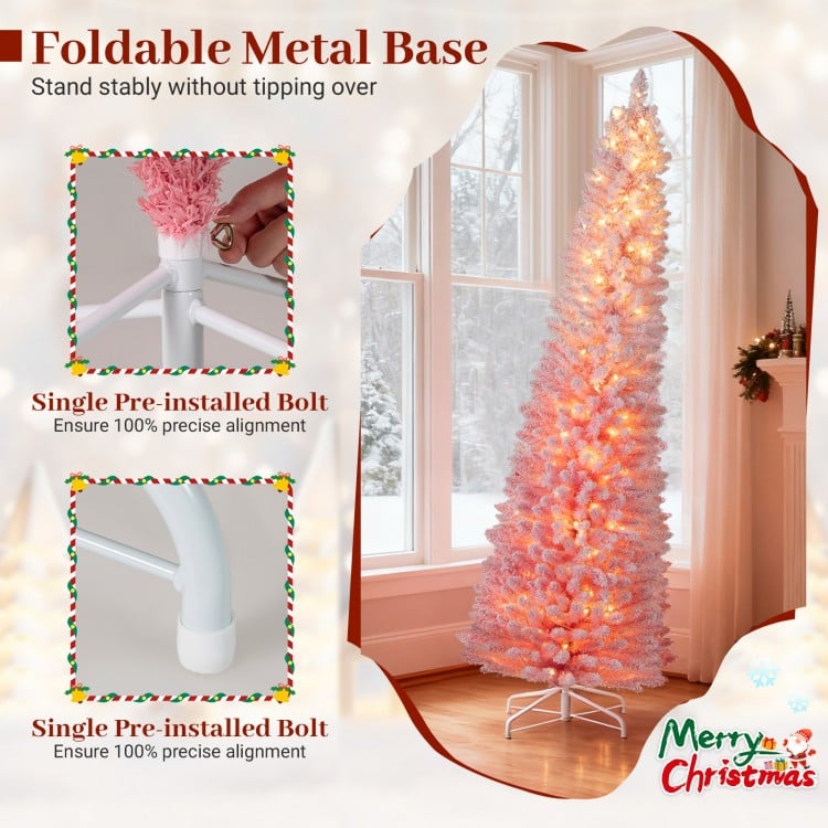 Foldable metal base of the 7 FT pink snow-flocked Christmas tree ensures stability and precise alignment for safe.