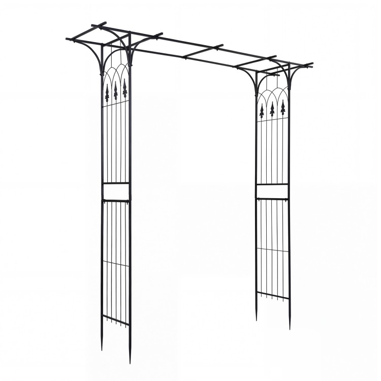 Elegant 7 FT garden arch arbor with flat top design and delicate side patterns, perfect for supporting climbing plants.