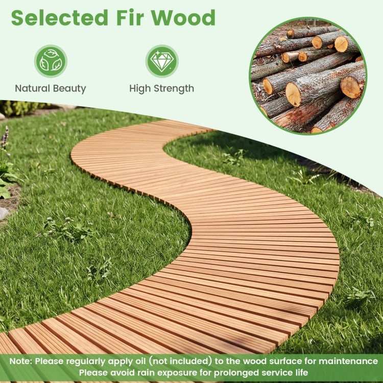 Curved 7 FT wooden garden pathway made of fir wood with anti-slip surface, ideal for outdoor spaces and easy.