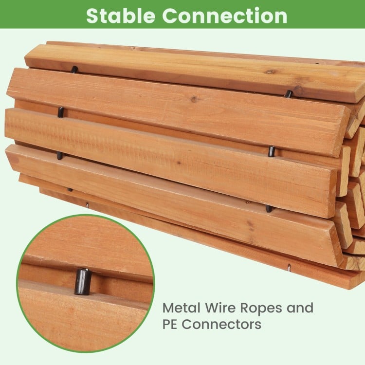 Detail of the 7 FT wooden garden pathway showing stable metal wire ropes and PE connectors for durability and safety.