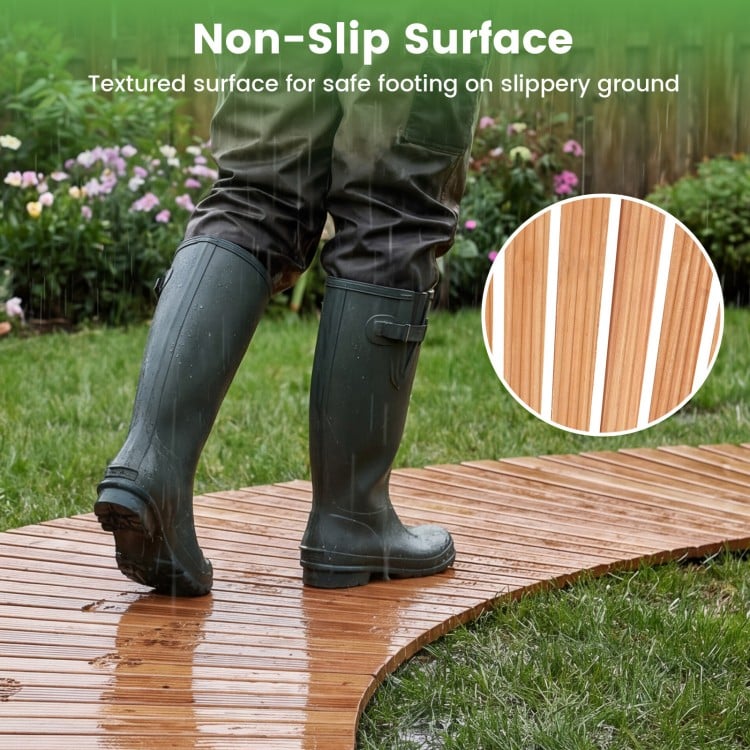 Wooden garden pathway with non-slip surface, ideal for safe walking in outdoor spaces like patios and gardens.