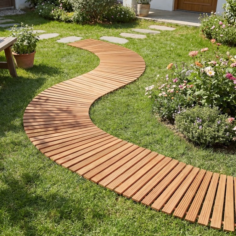 Curved 7 FT wooden garden pathway with anti-slip surface, ideal for patios and outdoor spaces, showcasing natural wood.