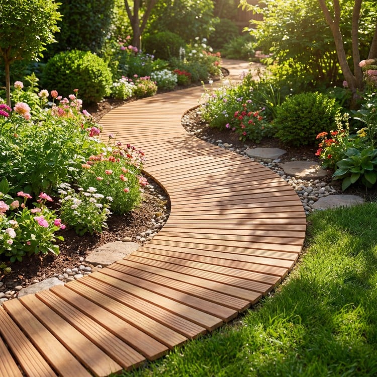 Curved 7 FT wooden garden pathway with anti-slip surface, ideal for outdoor spaces like gardens and patios.