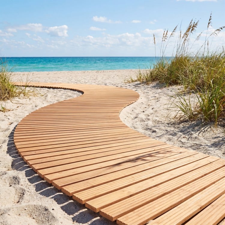 Curved 7 FT wooden garden pathway with anti-slip surface, ideal for outdoor spaces like patios and gardens.