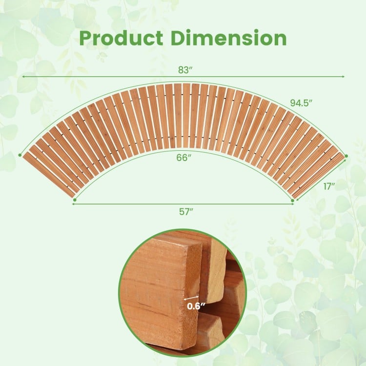Curved wooden garden pathway dimensions with anti-slip surface, made of natural fir wood for outdoor use.