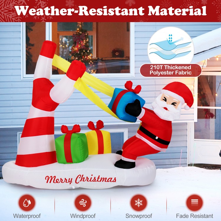 7-foot Christmas inflatable Santa with slingshot and LED lights, made of weather-resistant polyester for outdoor.