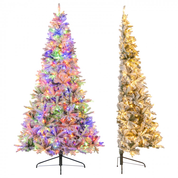 Half artificial Christmas tree, 7 feet tall, with 852 flocked branch tips and multicolored LED lights for festive decor.