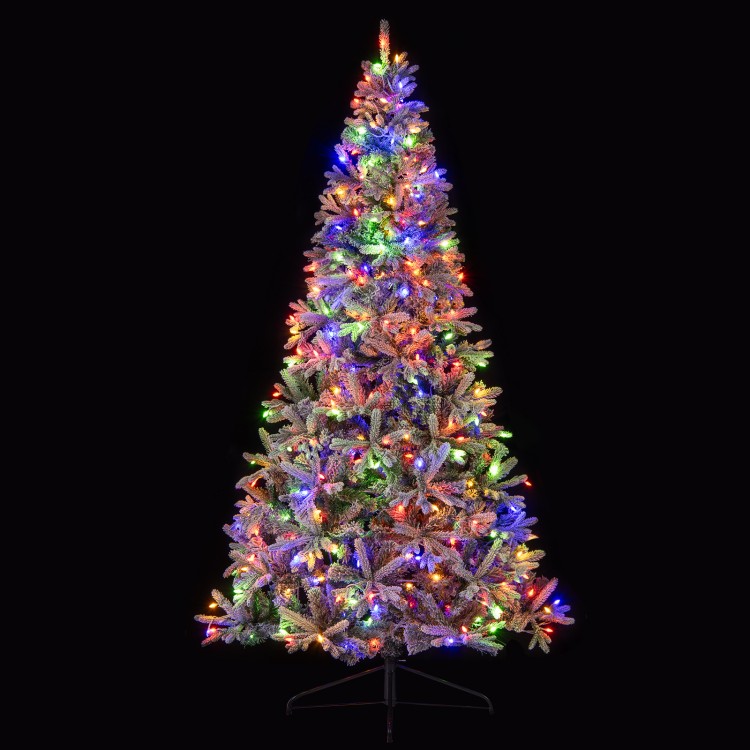 Half 7-foot artificial Christmas tree with 852 flocked branch tips, multicolored LED lights, perfect for space-saving.