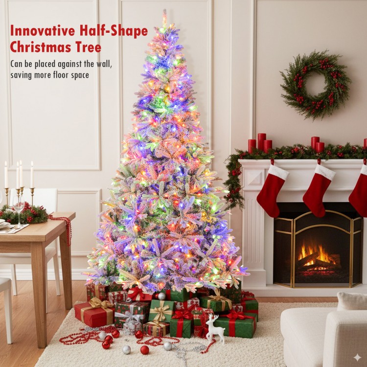 7-foot half artificial Christmas tree with 852 flocked branch tips, ideal for wall placement, adorned with colorful LED.