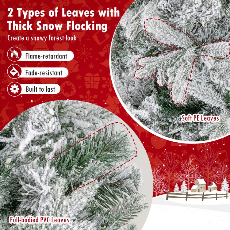 Half artificial Christmas tree featuring soft PE and full-bodied PVC leaves with thick snow flocking for a festive look.