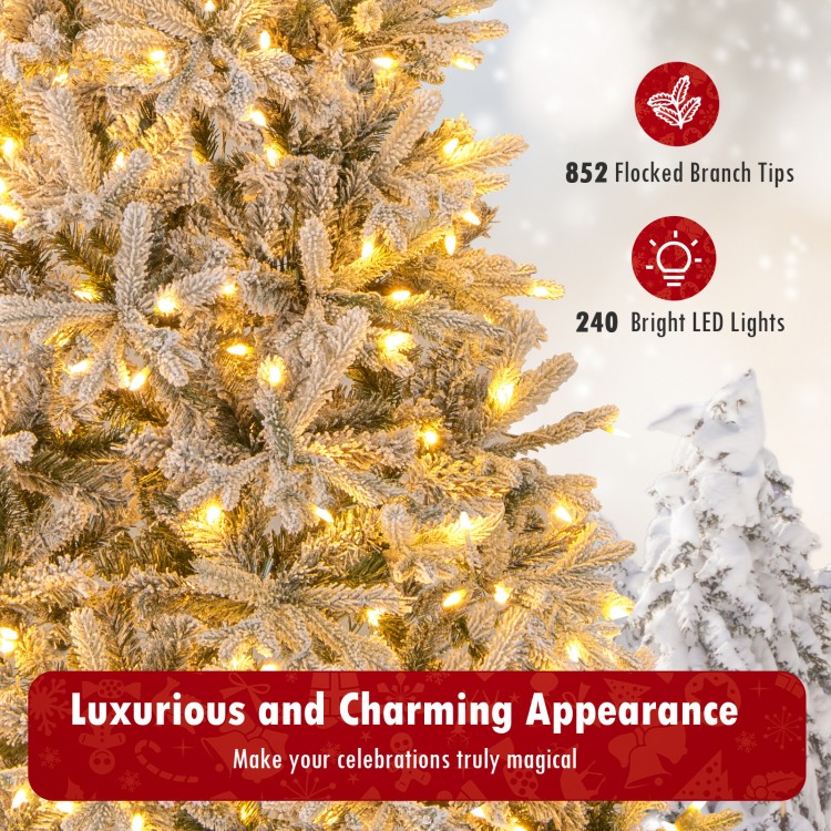 7 feet half artificial Christmas tree with 852 flocked branch tips and 240 LED lights, perfect for space-saving holiday.