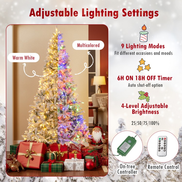 7 feet half artificial Christmas tree with 852 flocked tips, featuring multicolored lights and adjustable brightness.