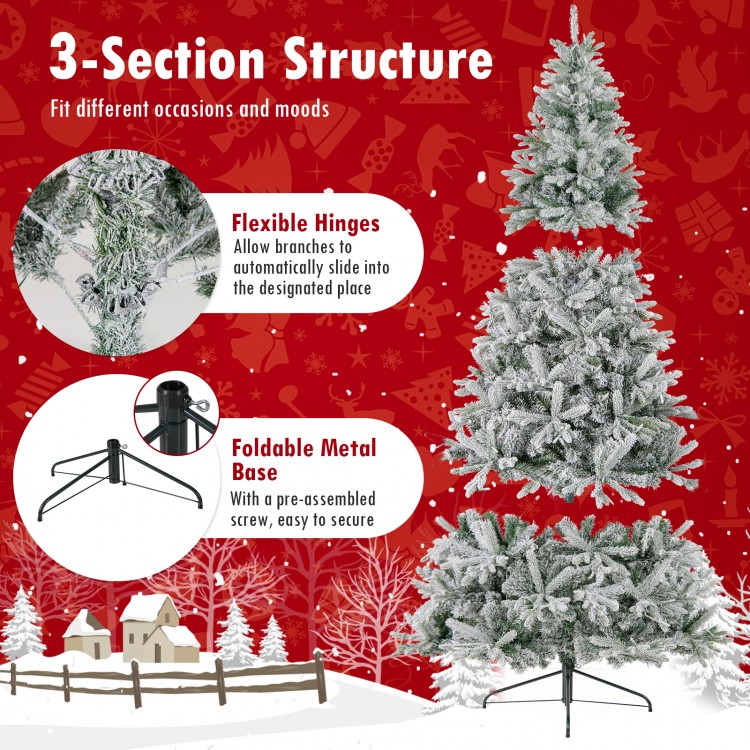 Half 7-foot artificial Christmas tree with 852 flocked branch tips, featuring flexible hinges and a foldable metal base.