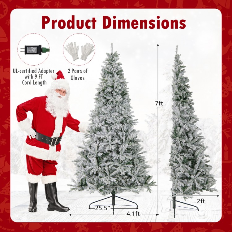 7-foot half artificial Christmas tree with 852 flocked branch tips, perfect for wall placement and space-saving.