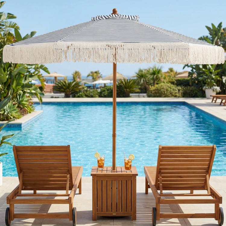 7 feet patio umbrella with blue stripes and fringe, featuring a sturdy aluminum pole, perfect for beachside relaxation.
