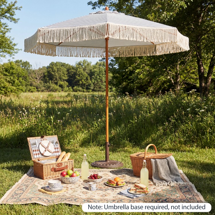 7 feet patio umbrella with fringe and boho tassels, featuring a sturdy aluminum pole for outdoor gatherings.