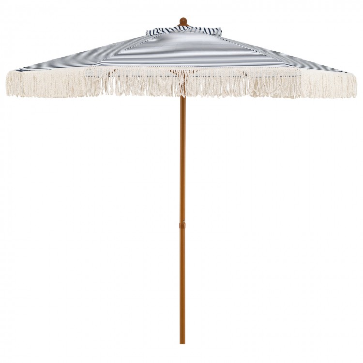 7 feet patio umbrella with blue stripes and boho tassel fringe, featuring a sturdy aluminum pole for beach shade.