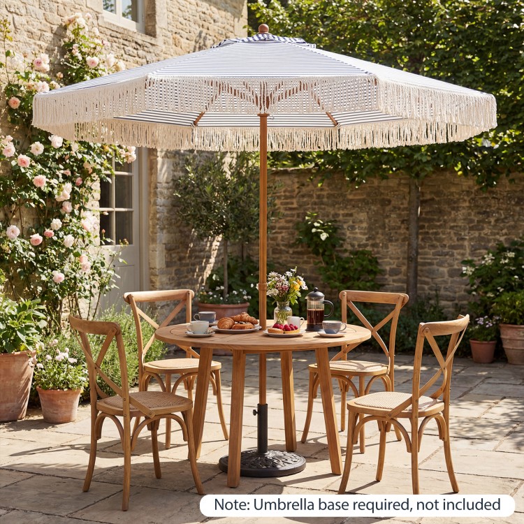7 feet patio umbrella with boho tassels and fringe, showcasing its elegant wood-grain finish and lightweight aluminum.