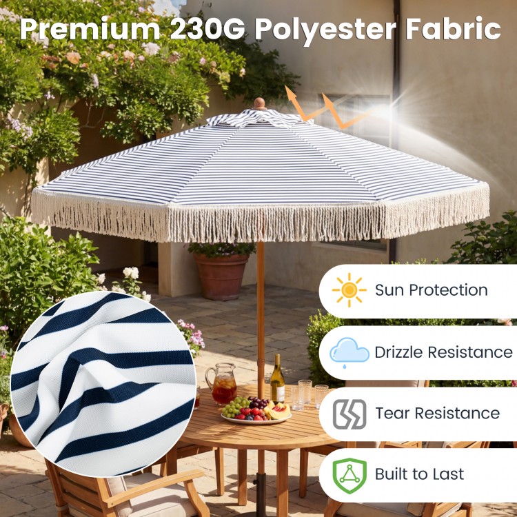 7 feet patio umbrella with blue stripes and fringe, made of premium 230G polyester for sun protection and durability.