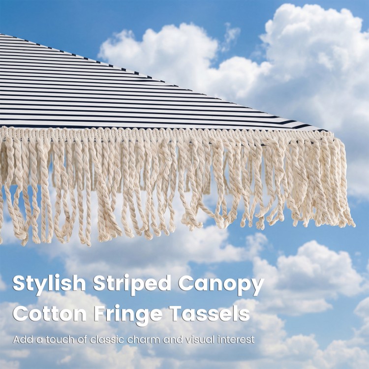 Stylish 7 feet patio umbrella with blue striped canopy and cotton fringe tassels, perfect for beach and outdoor use.