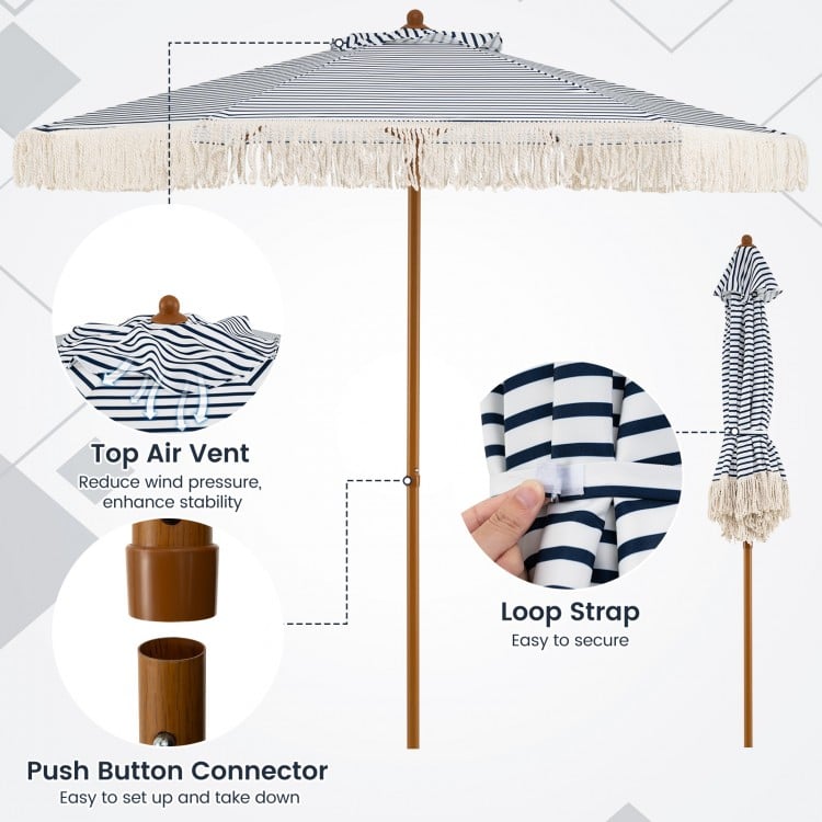 7 feet patio umbrella with blue stripes and fringe, featuring a sturdy aluminum pole and air vent for stability.