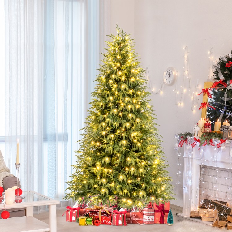 7 feet pre-lit artificial Christmas tree with soft branch tips and 400 warm white LED lights, ideal for festive decor.